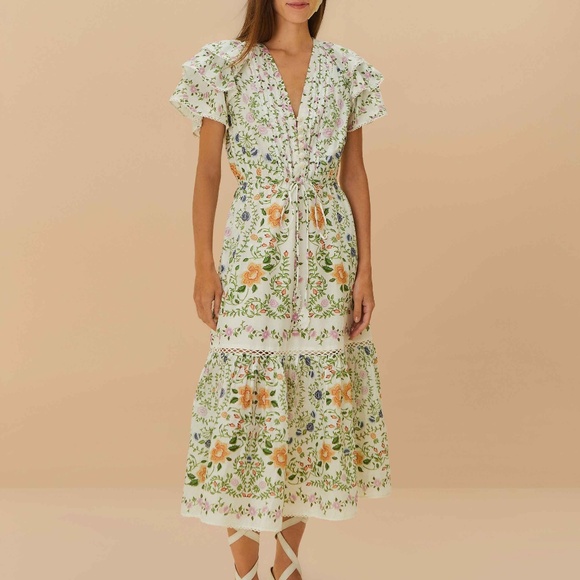 FARM Rio Dresses & Skirts - Off-White Folk Floral Lace Midi Dress